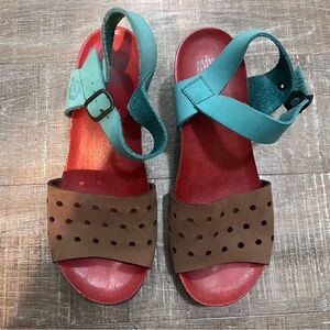 Loints of Holland Quality Leather Heeled Comfort Sandals Teal Tan Brown